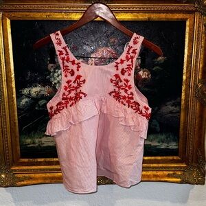 Zara Trafaluc Red Striped Floral Embroidered Summer Tank Top Size Small